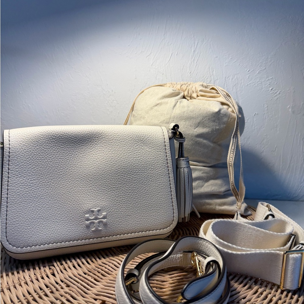 Tory Burch Ivory Pebbled Leather Crossbody with Tassel